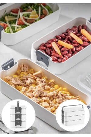 Outlet 3 Katlı Taşınabilir Yemek Kabı – Lunch Box Diyet Beslenme Kutusu Saklama Kabı Çatal Kaşıklı Gri - 2