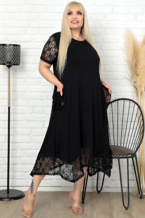 Özel Tasarım Etek Ucu Kol Ve Cepleri Dantel Kısa Kol Rahat Elbise - Kheos