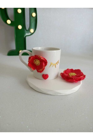 Özel tasarım kırmızı çiçekli kahve fincanı modeli hediyelik sunumluk dekoratif model TYCKIW8BMN169876294796612 - 1