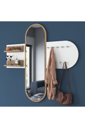 P3 Aynalı Duvar Askısı Boy Aynası Sepet Ceviz - Beyaz Vestiyer - Rani Mobilya