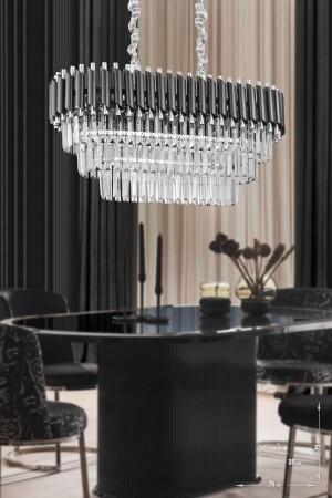 Palmira 75x35 Cm Kristal Taşlı Lüks 3 Katlı Yemek Masası Üstü Avize 6'lı - (siyah-krom) PT-800-70K-3 - Avizemoda