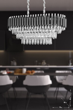 Palmira 75x35 Cm'lik 3 Katlı Prizma Kesim Kristal Taşlı Lüks Avize 6'lı - (siyah-krom) PA-KS-608-YM-SK - Avizemoda