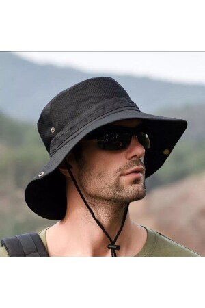 Panamahut zum Wandern und Jagen mit Druckknöpfen (mit Netz) (Unisex) (Schwarz) KBS20220 - Kardelen Butik Denizli