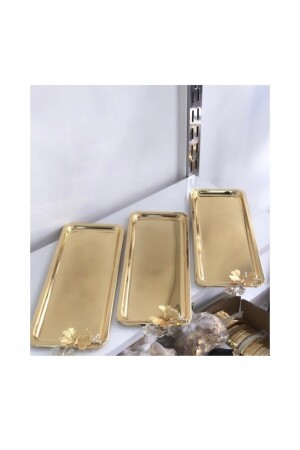 Paslanmaz Çelik Baton 3 Lü Gold Renk Sunum Tepsisi Kelebek Aksesuarlı Lüx Sunum MNL6020 - 2