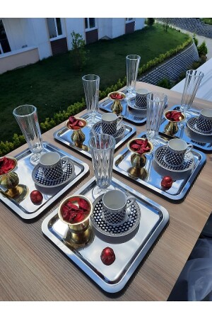 Paslanmaz Çelik Kare 6lı Aksesuarsız Çay Kahve Sunum Tepsisi - Süslühome