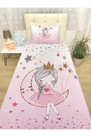 Pembe Ayda Oturan Prenses Desenli Yatak Örtüsü Ve Yastık Kılıfı evortu1458 - 1