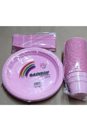 Pembe Tabak Bardak Çatal Seti Plastik 25 Kişilik Kullan At - Surprise Party Store