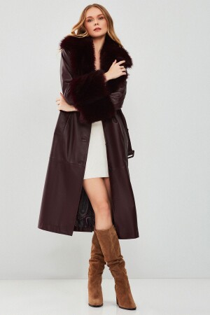 Penelope Kadın Bordo Kürklü Deri Pardesü - Derimod