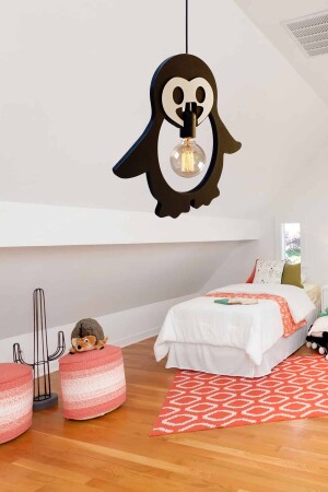 Penguen Ahşap Çocuk Bebek Odası Avize Dekoratif Sarkıt Ahşap Lüks Rustik Modern Dekoratif Lamba UTMPNGEN11 - 7