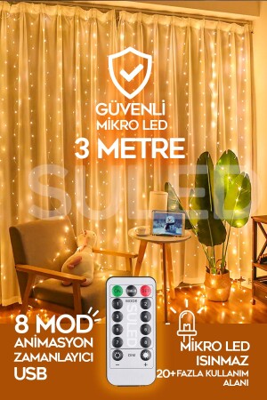 Perde Led 3x3 Metre Kumandalı 8 Mod Ambiyans Ayarlabilir Boy Dekor Mikro Led Işık Perde - Suled