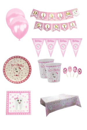 Pink First Tooth Wheat Girl Party-Set, Dekorationspaket für 16 Personen - Parti Dolabı