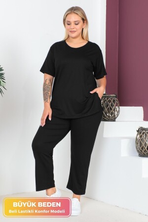 Plus Size Comfort Model 2-teiliges Set mit elastischem Bund, Hose, Tunika, T-Shirt, doppeltes Oberteil-Unterteil-Set - Tarzımsüper