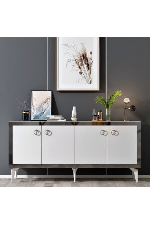 PONNY-KONSOLE MIT 4 TÜREN UND REGALEN WEISS-SILBER KNS8048 - DEMONTE DECOR