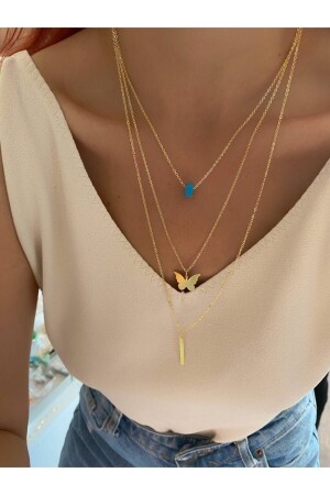 Premium Pul Kelebek Kolye Üçlü Gold - Everglow Jewelry