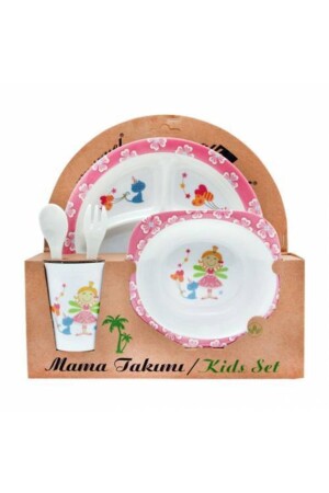Prenses Melamin Bebek Mama Yemek Tabağı Kabı Bardak Kaşık 5li Set 07335 - 1