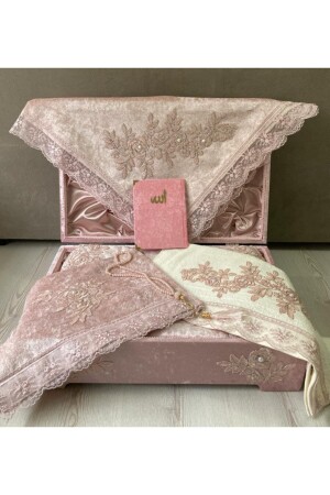 Pudra Kadife Sandıklı Seccade Seti 7 Parça Fransız Güpürlü Bohça Seti 991000 - Dilek