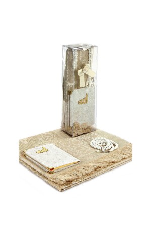 Pvc Kutulu Seccade Seti - Kadife Kaplı Yasin - Seccade - Tesbih - Beyaz Renk - İhvan