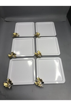 Quadratisches 6-teiliges weißes Serviertablett aus Edelstahl für Kaffee, Tee und dekorative Präsentation mit luxuriösem Schmetterlingszubehör MZKBK666 - Mira züccaciye
