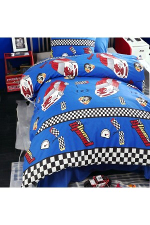 Rally Yarış Arabalı Desenli Mavi Çarşaflı 2 Yastık Kılıflı -Ranforce Tek Kişilik Nevresim Takımı - Majeste