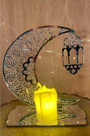 Ramazan Ayı Dekoratif Pleksi Süs Kandil Model Mum Hediyeli Gümüş 18x16 - 1