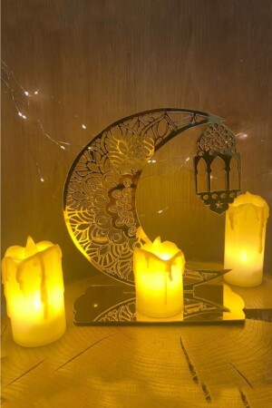 Ramazan Ayı Dekoratif Pleksi Süs Kandil Model Mum Hediyeli Gümüş 18x16 - 2