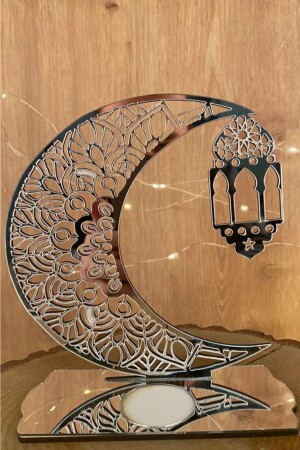 Ramazan Ayı Dekoratif Pleksi Süs Kandil Model Mum Hediyeli Gümüş 18x16 - 3