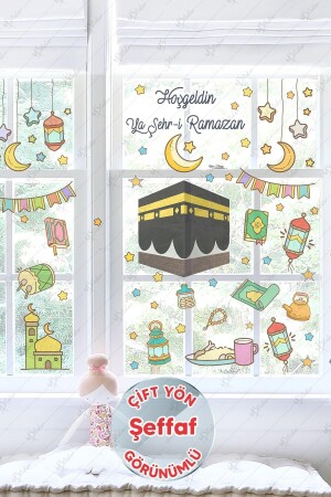 Ramazan Ayı Temalı Süsleme- Kabe Ve Ramazan Figürleri Cam Duvar Sticker Seti Şeffaf 33 x 120 - 1
