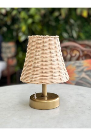 Rattan & Bambu Masa Üstü Kablosuz Pilli Abajur Masa Lambası Eskitme Gold - Maison Avf