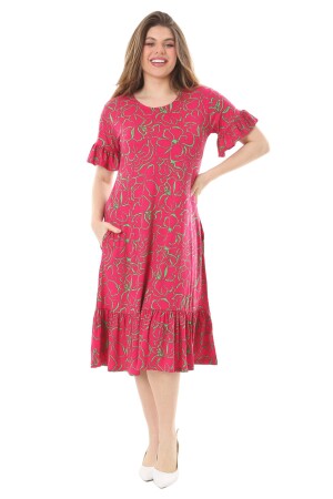 Rosafarbenes Damenkleid mit Blumenmuster, kurzen Ärmeln, Rüschen und Taschen - Melsay