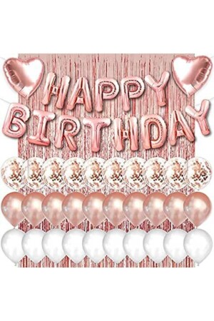 Rose Gold Pembe Happy Birthday Ve Kalp Folyo Ve 30 Rose Beyaz Şeffaf Balonlu Arka Fon Perde Set tye1503220551 - 1