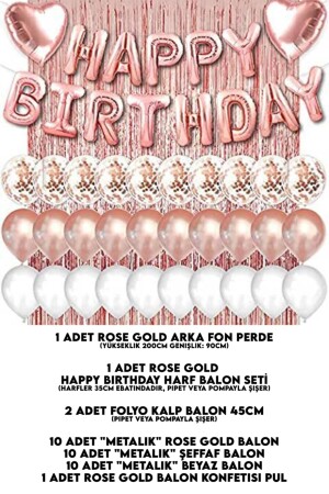 Rose Gold Pembe Happy Birthday Ve Kalp Folyo Ve 30 Rose Beyaz Şeffaf Balonlu Arka Fon Perde Set tye1503220551 - 2