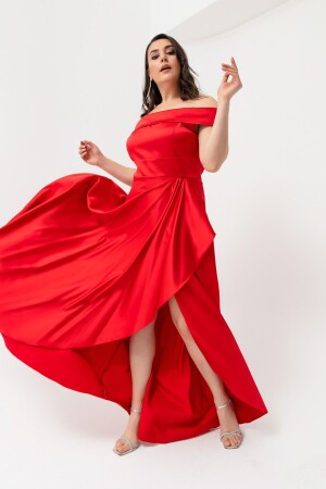 Rotes Damen-Abendkleid und Abschlusskleid aus Satin mit U-Boot-Ausschnitt in Übergröße - Lafaba