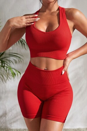 Rotes Damen-Nachthemd-Set mit hoher Taille, überkreuztem Rücken und Shorts - Imoda