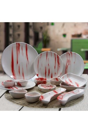 Rotes handdekoriertes 19-teiliges Frühstücksset 8681349098600 - Arna Porselen