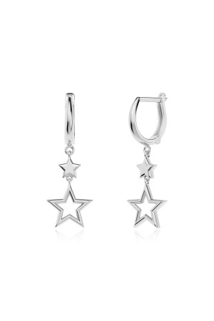 Sade Sallanan İkili Yıldız Beyaz Gümüş Küpe - Indigo Takı