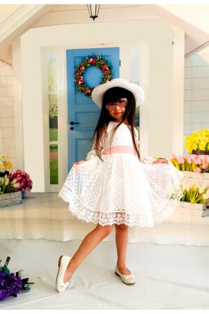 Şapkalı Güpürlü Prenses Kız Çocuk Beyaz Elbise - Mixie