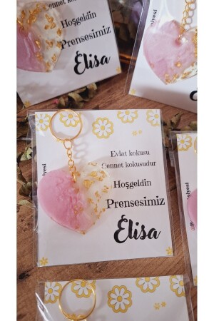 Sarı Çiçekli Kartlı Kalpli Anahtarlık Mevlüt- Kuran Okuma- Doğum Günü- Bebek Hediyelik 10 Adet - Sevgiliatolyemm