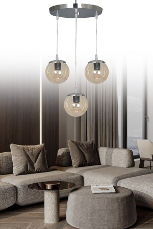 Sarkıt Tepsi Gümüş 3'lü Bal Camlı Avize SEF157 - ŞL Şef Light