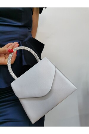 SATIN-SILBER-ABENDKLEID FÜR DAMEN, STEIN-CLUTCH-PORTFOLIO-HAND