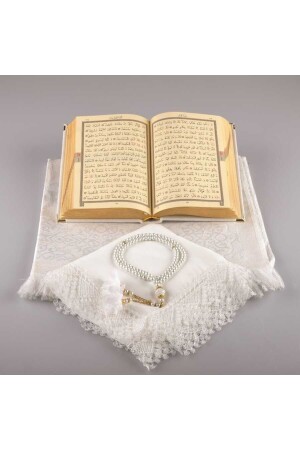 Schal-Gebetsteppich, Gebetsperlen, Koran-Geschenkset (HAFIZ – SAMT – WEIß) - 3