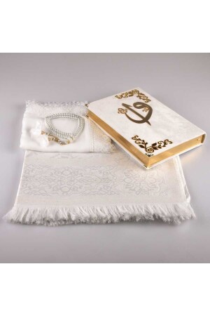 Schal + Gebetsteppich + Gebetsperlen + Koran-Geschenkset (mittelgroß – Samt – Weiß) - 2