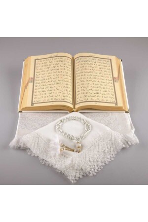Schal + Gebetsteppich + Gebetsperlen + Koran-Geschenkset (mittelgroß – Samt – Weiß) - 3