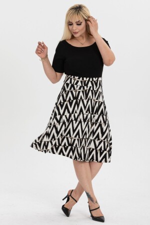 Schwarz-weißer, ausgestellter Rock mit Zickzackmuster und hoher Taille für Damen - Mooi Xxl