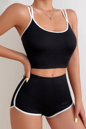 Schwarz-weißes, elastisches, detailliertes Camisole-Shorts-Nachthemd-Set für Damen - Imoda