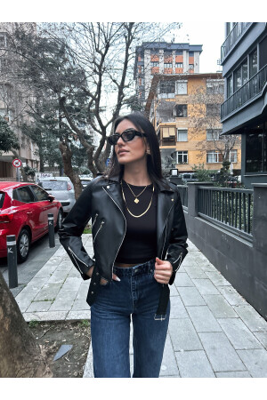 Schwarze Damen-Lederjacke mit Reißverschluss, 3XL - Meecy