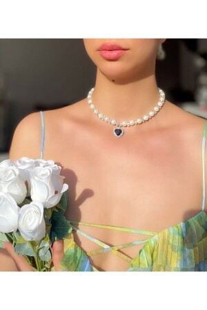 Schwarze Herz-Halskette mit Perle und glänzendem Stein pinkylady155 - Pinky Lady