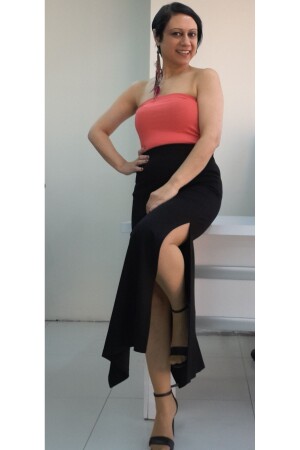 Schwarzer Bleistiftrock aus gekämmter Baumwollviskose mit zwei Schlitzen und elastischem Bund - Mertcan Butik