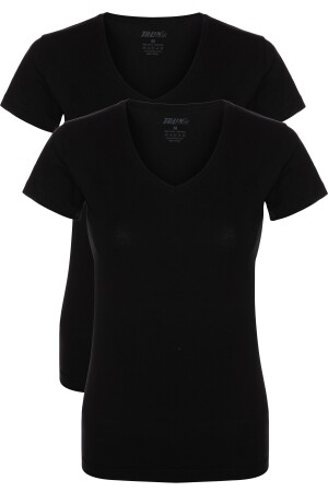 Schwarzes 2-teiliges Kurzarm-Single-Jersey-Lycra-Unterhemd mit V-Ausschnitt für Damen 3227s TOLIN3227 - 1