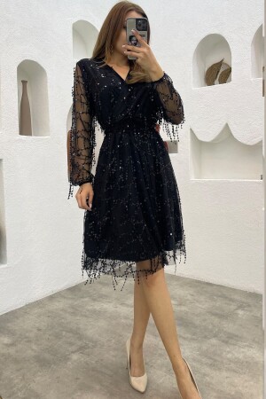 Schwarzes Abendkleid für Damen in Übergröße mit zweireihigem Kragen und Pailletten - Zks Grup Tekstil