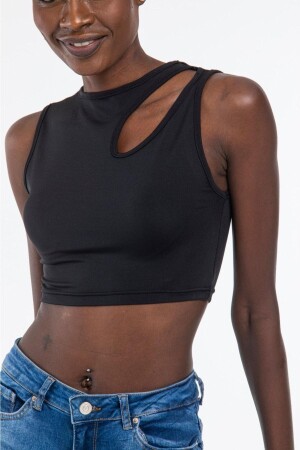 Schwarzes Crop-Bustier aus Tauchstoff mit Rundhalsausschnitt für Damen - The Base